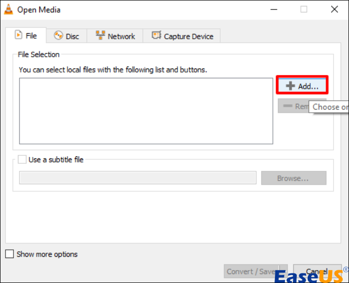 selecione adicionar ao upload do vídeo para vlc