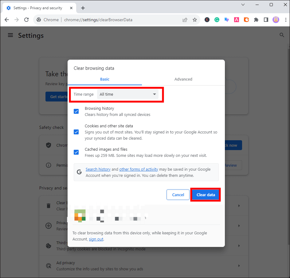 選擇所有時間並點擊清除瀏覽數據