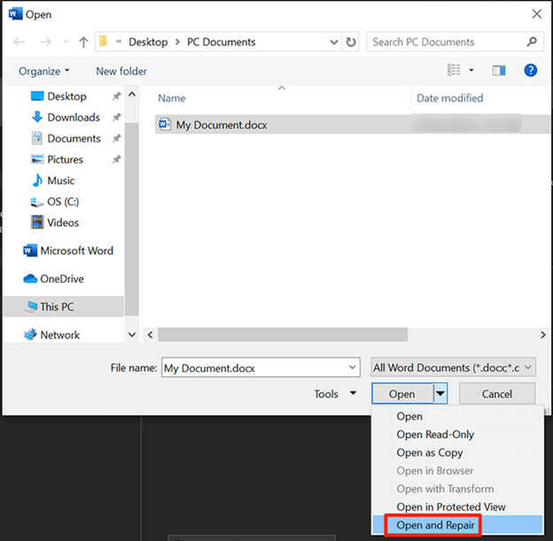 Word-Dokument öffnen und reparieren