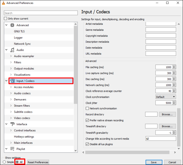 alle markieren und auf Eingang oder Codec klicken