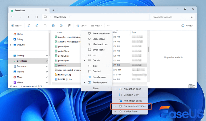 mostrar extensões de nomes finos