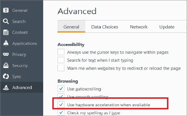 desmarca la aceleración por hardware firefox