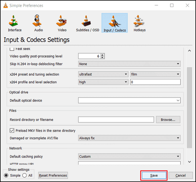 vlc save preferences