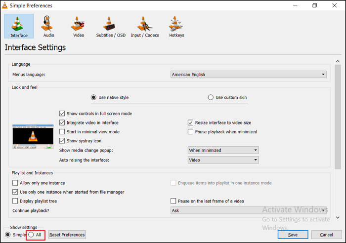 vlc show all settings