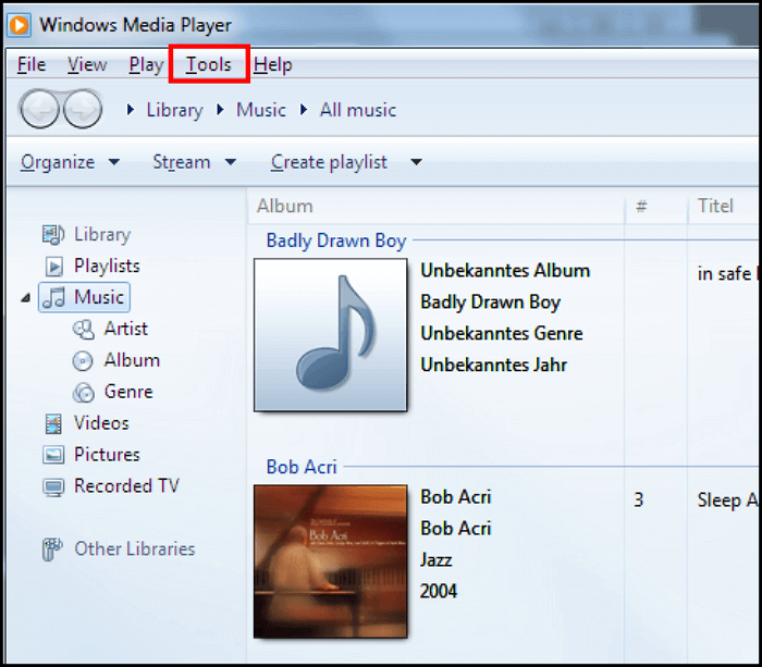 strumenti per fare clic su Windows Media Player
