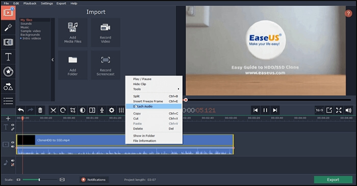 Utiliza la función de Desprender el audio