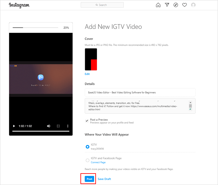 Upload video to Instagram