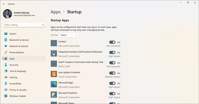 Screen to enable and disable startup apps
