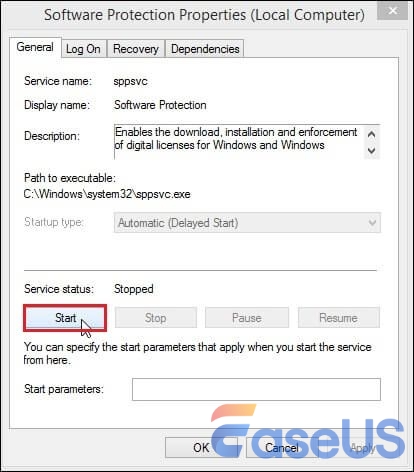 Clique em Iniciar nas propriedades de proteção do software