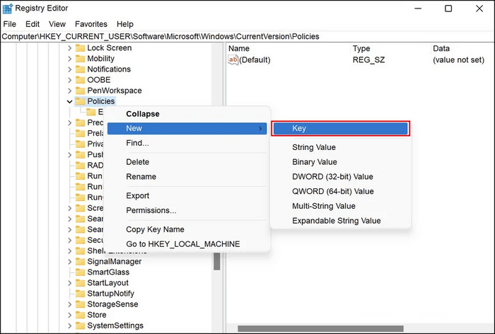 regedit policies neuer Schlüssel