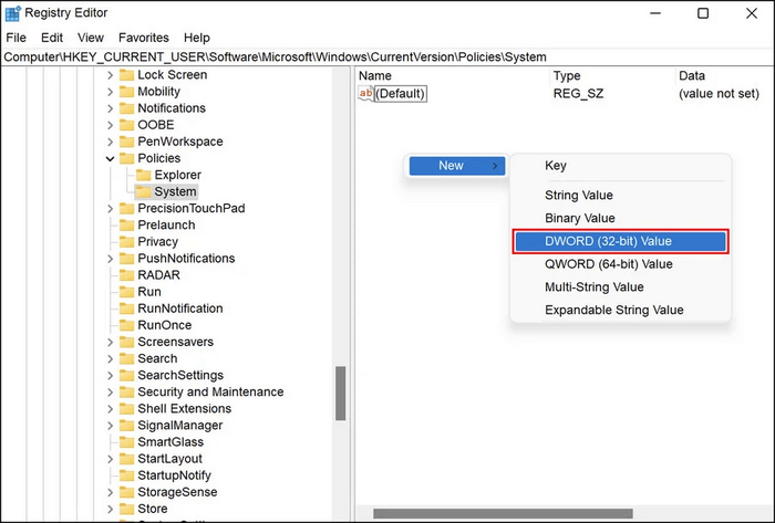regedit Richtlinien System neu dword