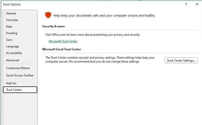 Trust Center Einstellungen Excel