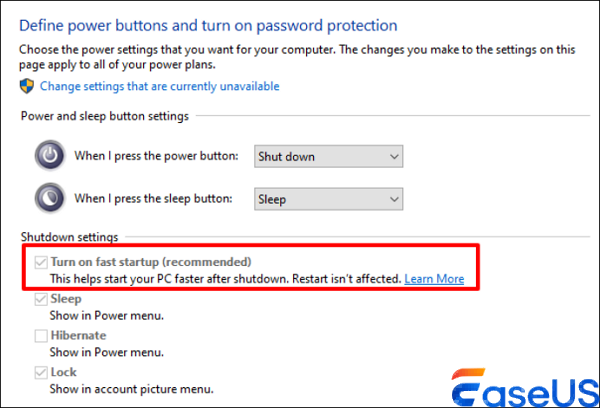 uncheck turn on fast starup