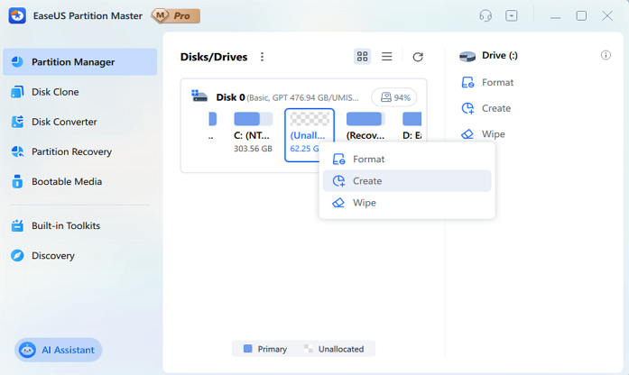create a partition using unallocated space
