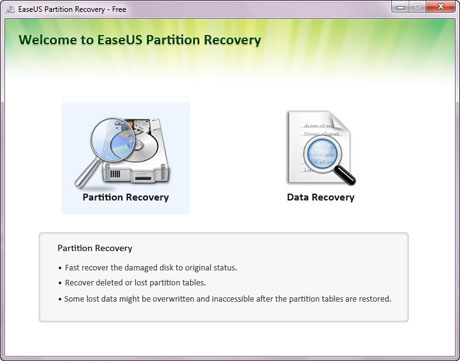 Interface principal do EaseUS Partition Recovery